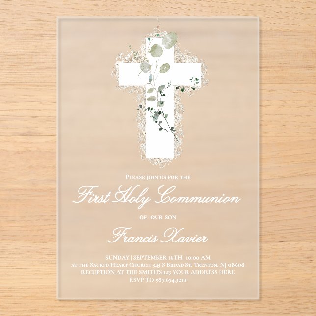 Invitations En Acrylique première communion feuilles vertes croix blanche (Recto)