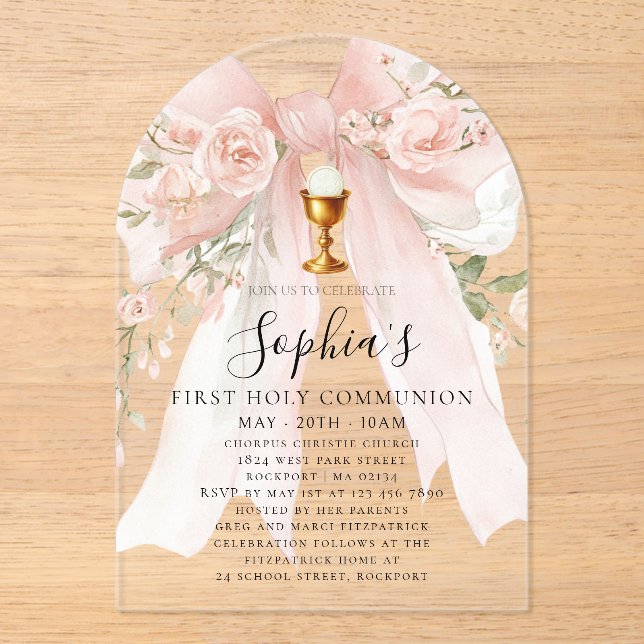 Invitations En Acrylique PREMIÈRE COMMUNION Fille Clair Acrylique Rose Rose (Recto)
