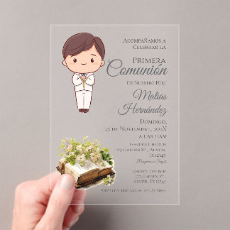 Invitations En Acrylique Première communion florale blanc et verdure