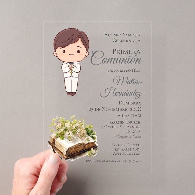 Invitations En Acrylique Première communion florale blanc et verdure (In situ (ordinateur de poche))