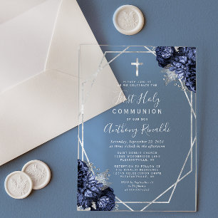 Invitations En Acrylique Première communion florale bleu marine géo argent