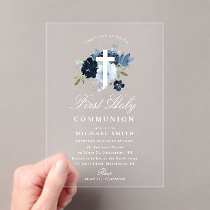 Invitations En Acrylique Première communion florale bleu poussiéreux et mar