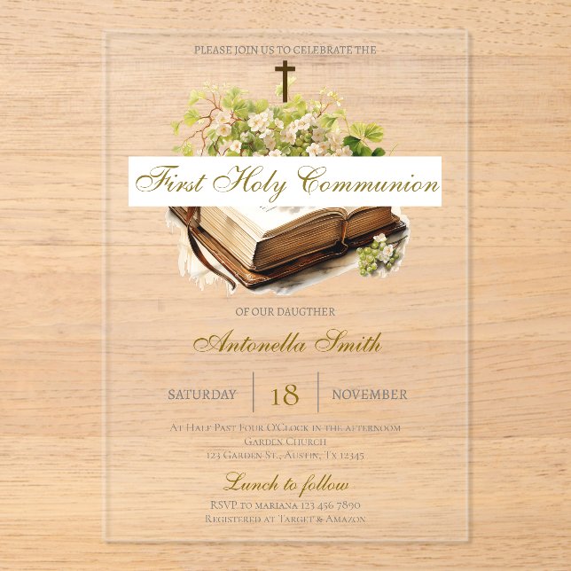 Invitations En Acrylique Première communion florale pour fille (Recto)