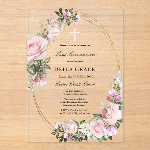 Invitations En Acrylique Première communion florale rose rose rustique