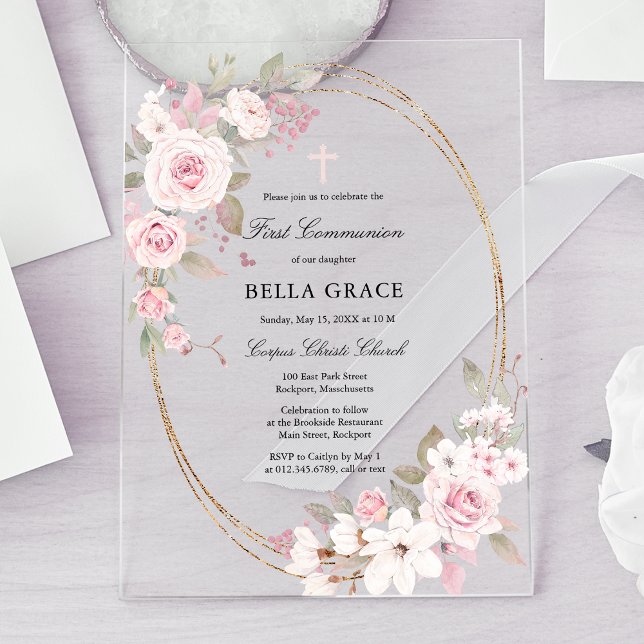 Invitations En Acrylique Première communion florale rose rose rustique (Créateur téléchargé)