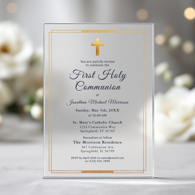 Invitations En Acrylique Première communion garçon bleu marine or (Créateur téléchargé)