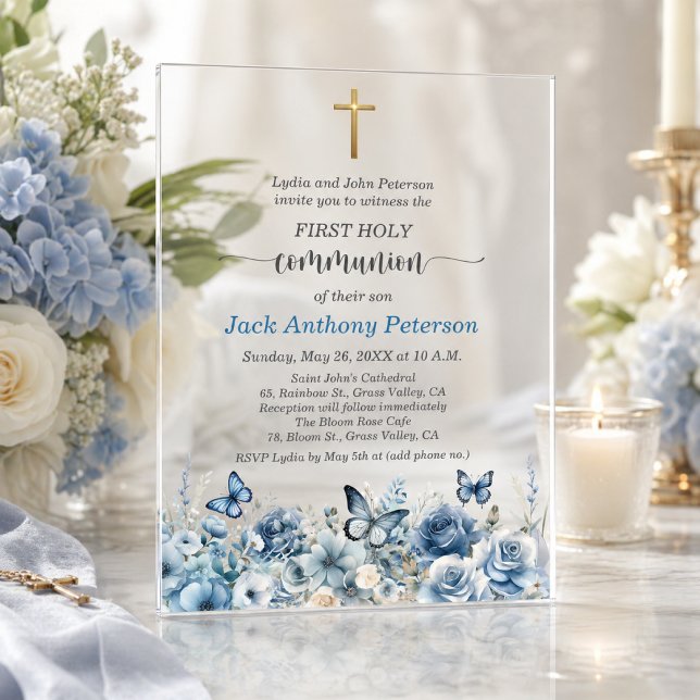 Invitations En Acrylique Première communion garçon Croix dorée Fleur bleue (Créateur téléchargé)