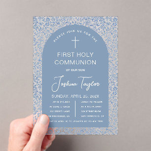 Invitations En Acrylique Première communion garçon motif floral à arche ble