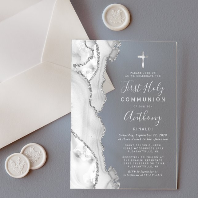 Invitations En Acrylique Première communion gris argent Agate (Créateur téléchargé)
