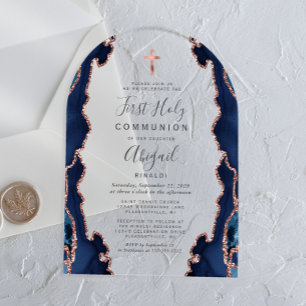 Invitations En Acrylique Première communion Navy Agate Rose Gold Arch