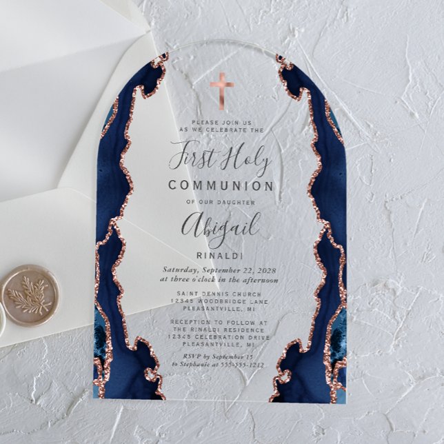 Invitations En Acrylique Première communion Navy Agate Rose Gold Arch (Créateur téléchargé)