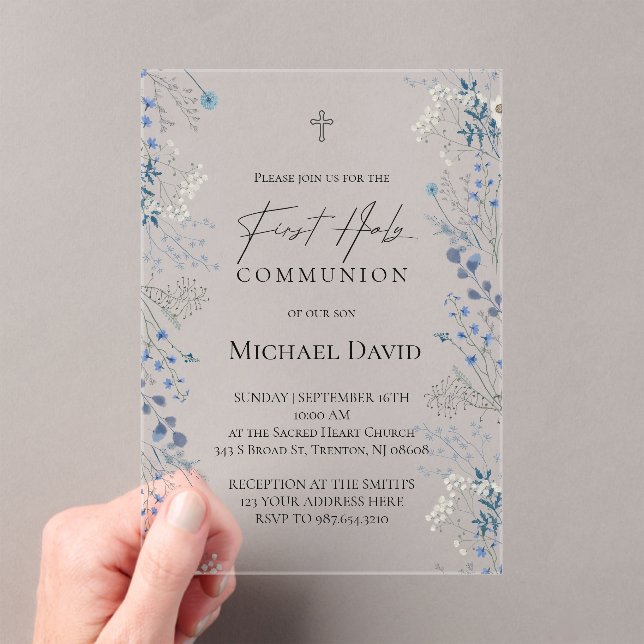 Invitations En Acrylique Première communion petites fleurs aquarelle bleues (In situ (ordinateur de poche))