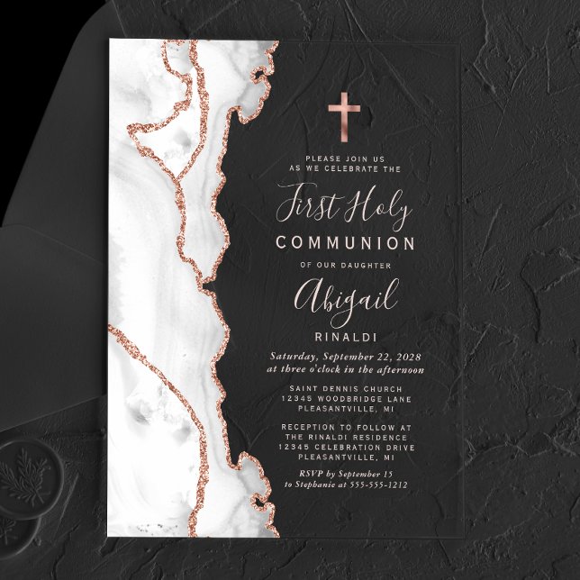 Invitations En Acrylique Première communion Rose Or Grise Agate Rose (Créateur téléchargé)