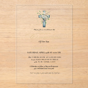 Invitations En Acrylique Première communion sainte aquarelle Croix florale