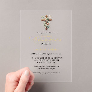 Invitations En Acrylique Première communion sainte aquarelle Croix florale
