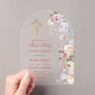 Invitations En Acrylique Première communion sous les roses