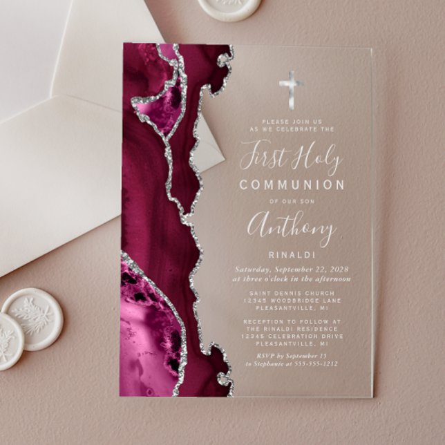 Invitations En Acrylique Première communion texte argent Agate Bourgogne (Créateur téléchargé)
