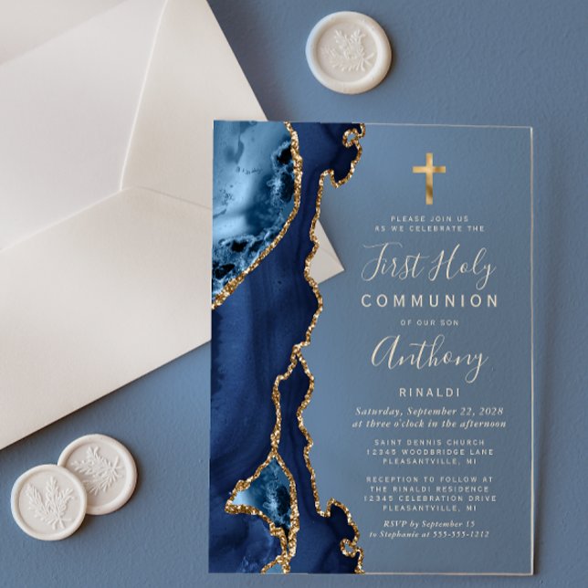 Invitations En Acrylique Première communion texte bleu or agate géode (Créateur téléchargé)