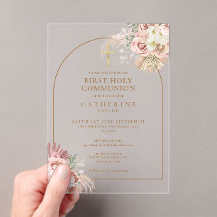 Invitations En Acrylique Première Sainte Communion Arc en Or Rose Herbe de 
