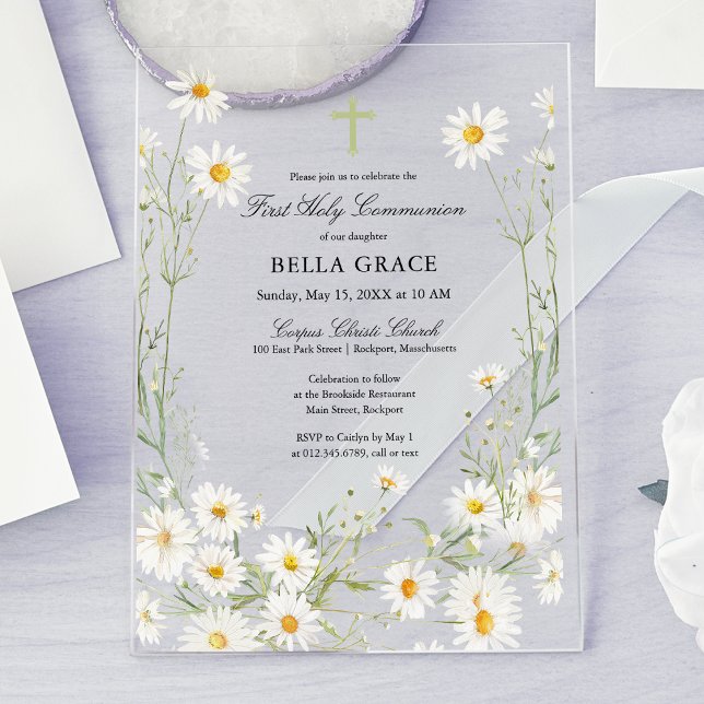 Invitations En Acrylique Première Sainte Communion Blanche Daisy Florale  (Créateur téléchargé)