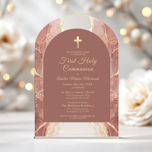 Invitations En Acrylique Première Sainte Communion Bush Pink Gold Agate (Créateur téléchargé)
