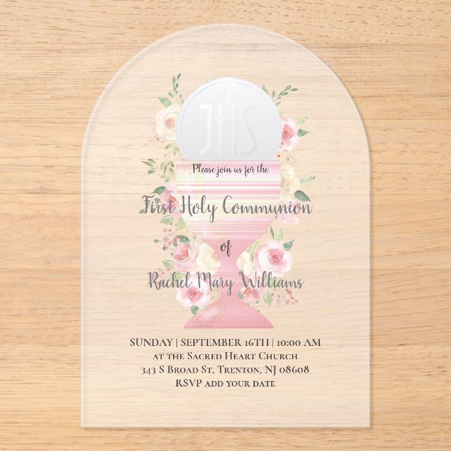 Invitations En Acrylique Première Sainte Communion conception florale (Recto)