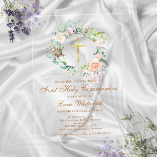 Invitations En Acrylique Première Sainte Communion Croix Dorée Aquarelle Fl