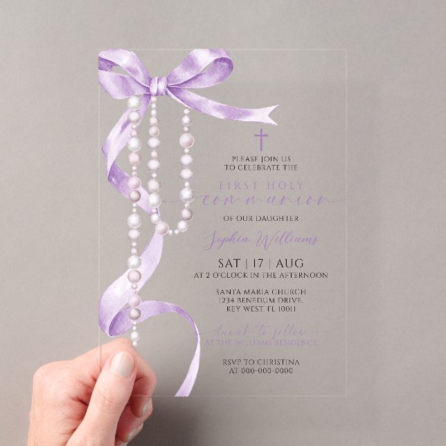 Invitations En Acrylique Première Sainte Communion Élégant Nœud Lavande & R (In situ (ordinateur de poche))
