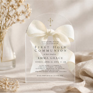 Invitations En Acrylique Première Sainte Communion Fille Simple Nœud Ivoire