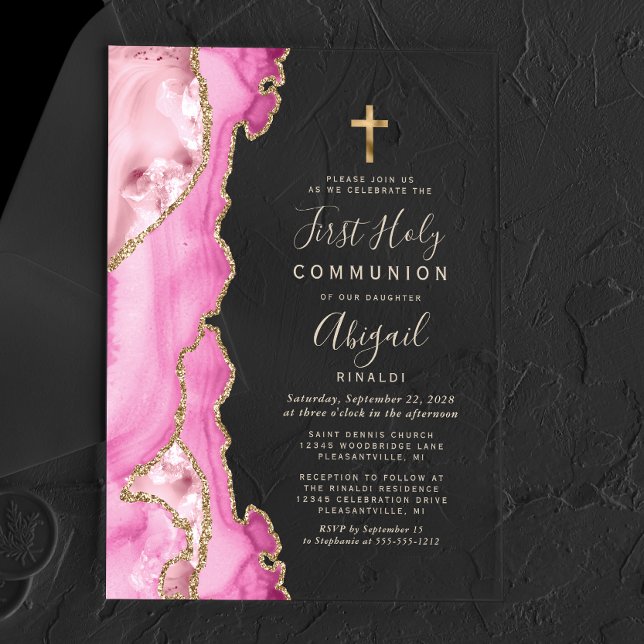 Invitations En Acrylique Première Sainte Communion Fille Texte Or Agate Ros (Créateur téléchargé)