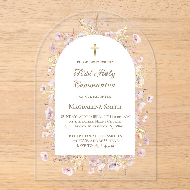 Invitations En Acrylique Première sainte communion fleur sauvage (Recto)