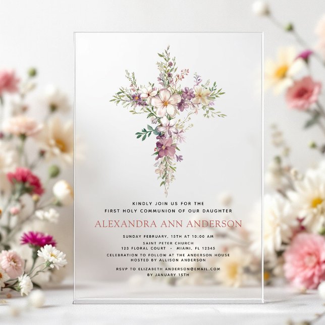 Invitations En Acrylique Première Sainte Communion Fleur Sauvage Violette (Créateur téléchargé)