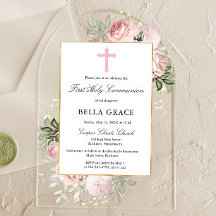 Invitations En Acrylique Première Sainte Communion Fleurale Rose Rose Rusti
