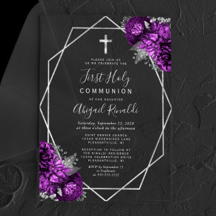Invitations En Acrylique Première Sainte Communion Fleurie Violette et Text