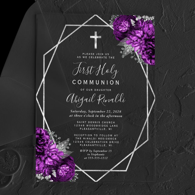 Invitations En Acrylique Première Sainte Communion Fleurie Violette et Text (Créateur téléchargé)