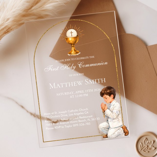 Invitations En Acrylique Première Sainte Communion Garçon Or Boho Arche & C (Créateur téléchargé)