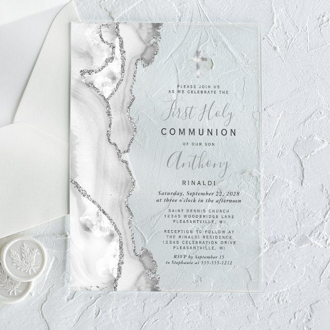 Invitations En Acrylique Première Sainte Communion Grise Agate Argentée (Créateur téléchargé)