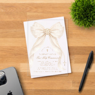 Invitations En Acrylique Première Sainte Communion Neutre Nœud Perles Or