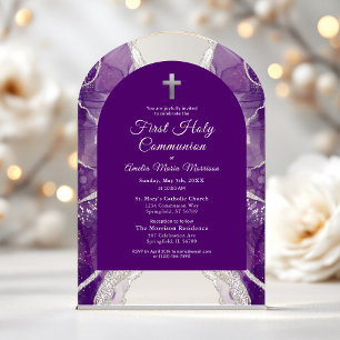 Invitations En Acrylique Première Sainte Communion Purple Argent Agate Élég