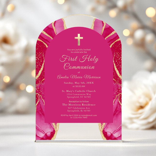 Invitations En Acrylique Première Sainte Communion Rose Chaud Agate Or (Créateur téléchargé)