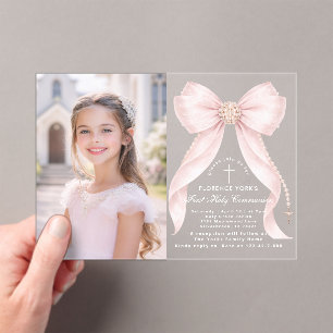 Invitations En Acrylique Première Sainte Communion Rose Pâle Nœud Chrétien