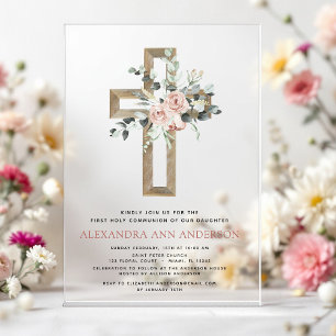 Invitations En Acrylique Première Sainte Communion Rose Végétal Rose Pâle