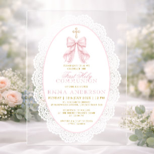 Invitations En Acrylique Première Sainte Communion Ruban Rose Élégant