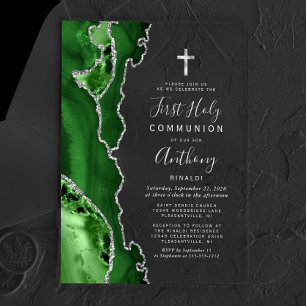 Invitations En Acrylique Première Sainte Communion Vert Agate Texte Argent