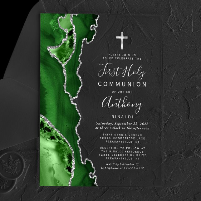 Invitations En Acrylique Première Sainte Communion Vert Agate Texte Argent (Créateur téléchargé)