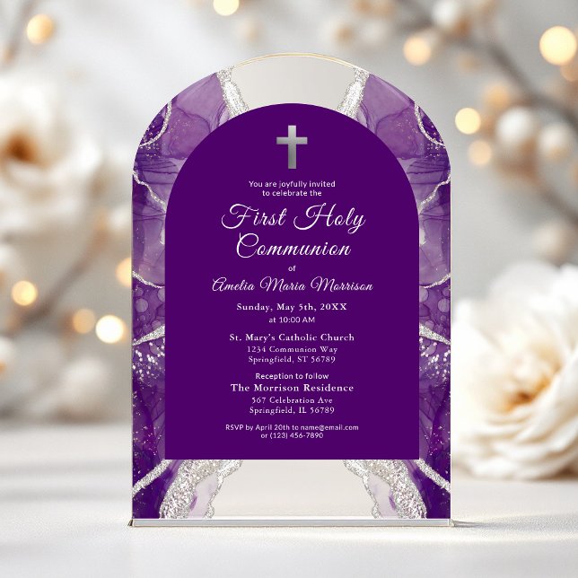 Invitations En Acrylique Première Sainte Communion Violet Agate Élégant (Créateur téléchargé)