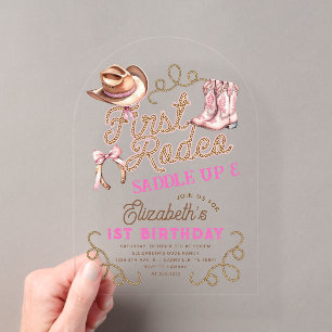 Invitations En Acrylique Premiers rodéos pour filles roses 1er anniversaire