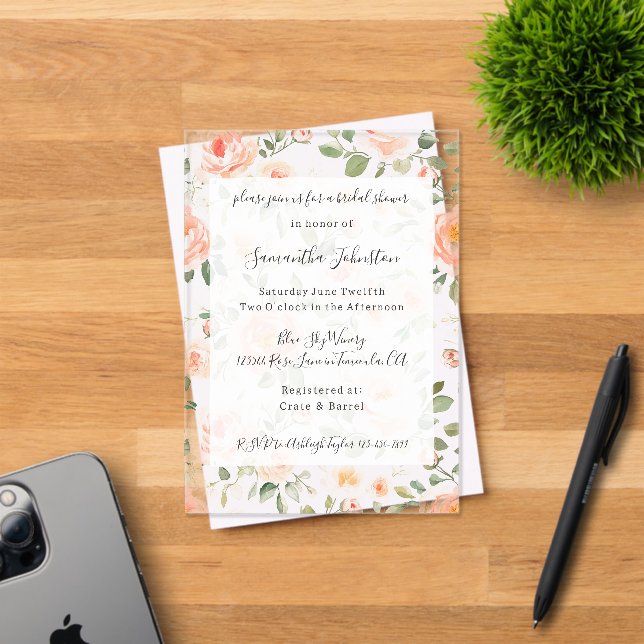 Invitations En Acrylique Pretty Peach Floral Bridal Shower (Insitu (Carte d'invitation))
