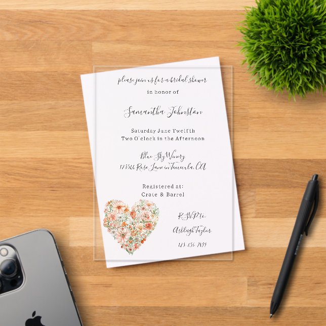 Invitations En Acrylique Pretty Peach Floral Heart Bridal Shower (Insitu (Carte d'invitation))