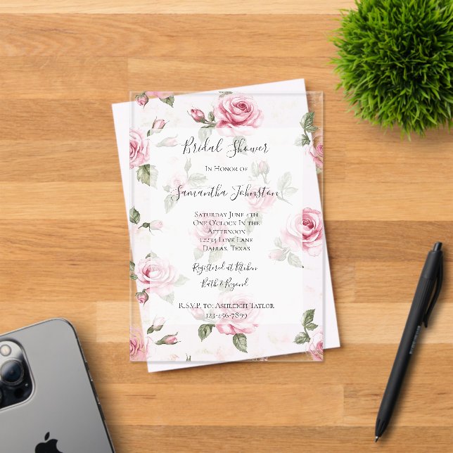 Invitations En Acrylique Pretty Pink Roses Floral Bridal Shower (Insitu (Carte d'invitation))